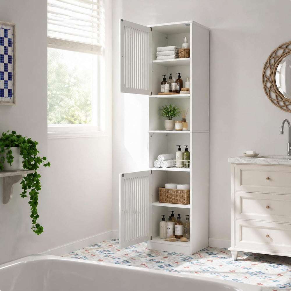 64" Tall Bathroom Cabinet, White Floor Standing Storage | Narrow unit wi...