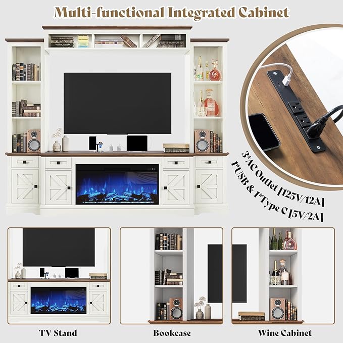 AMERLIFE 98in Farmhouse Entertainment Center with 36" Fireplace, TV Stan...