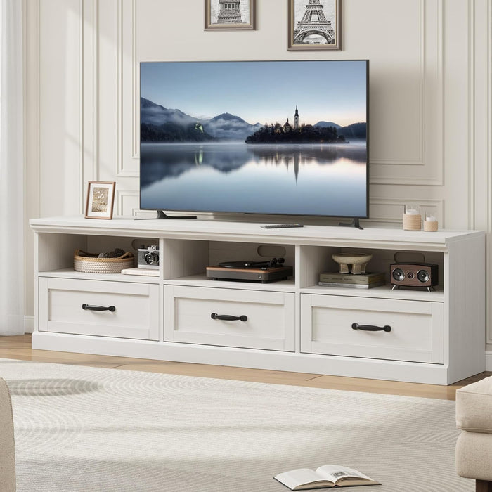 Garvee 70 Inch Mid-Century Modern TV Stand for 65/70/75 in TV, Entertainment Center with 3 Storage Drawers & Open Shelves, Media Cabinet for Living Room Bedroom, Antique White
