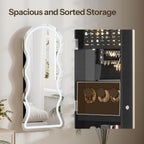 HOOBRO LED Mirror Jewelry Cabinet, Wall/Door Mounted Jewelry Organizer, Jewelry Aromire with Wavy Mirror Full Length, Lockable Cosmetics Storage Cabinet, Interior Mirror, 16.5" x 4.1" x 43.3", Black