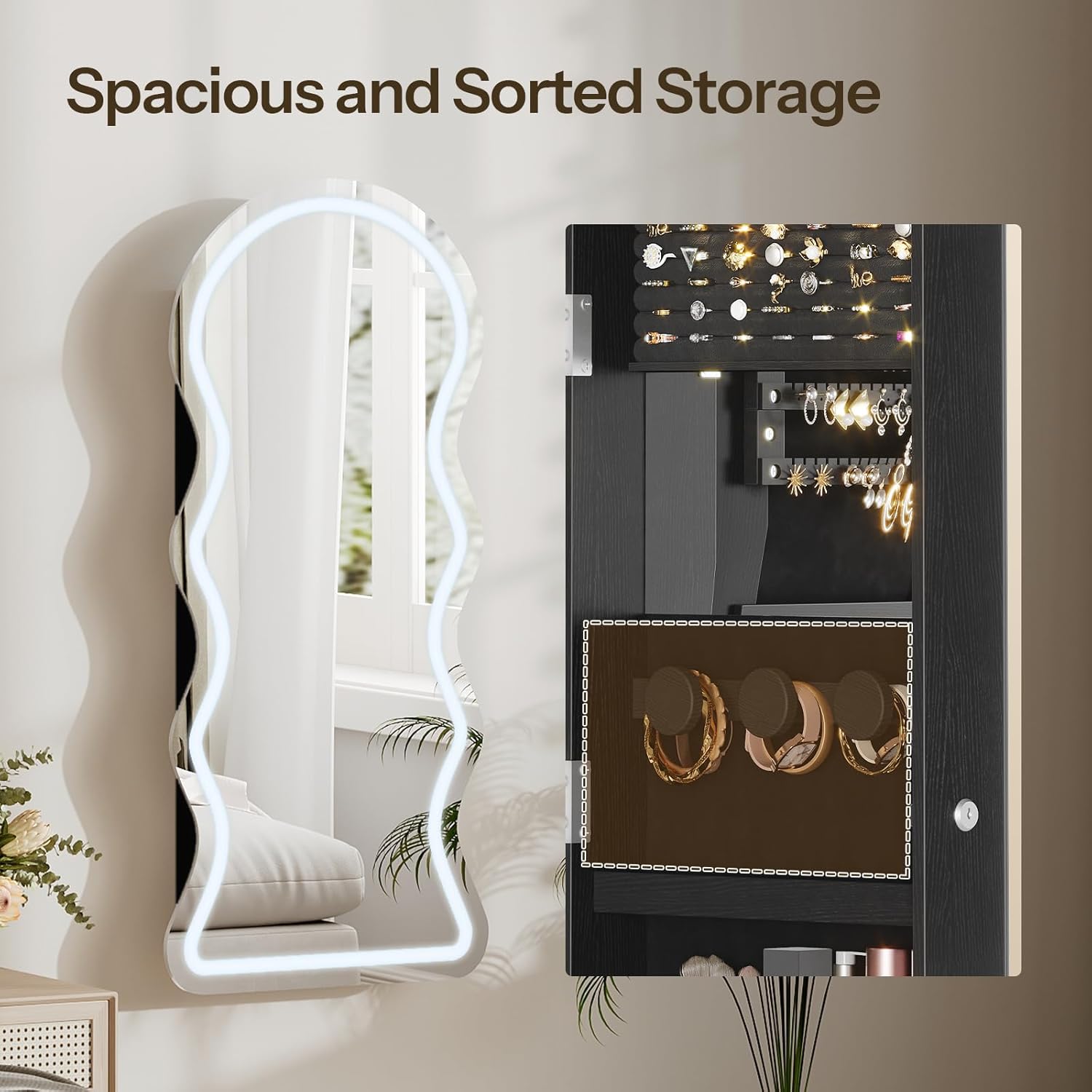 HOOBRO LED Mirror Jewelry Cabinet, Wall/Door Mounted Jewelry Organizer, Jewelry Aromire with Wavy Mirror Full Length, Lockable Cosmetics Storage Cabinet, Interior Mirror, 16.5" x 4.1" x 43.3", Black