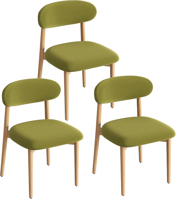 Wooden Dining Chair Set of 3, Modern Dining Chairs with with Curved Back, Fabric Upholstered Kitchen Dining Room Chairs with Adjustable Legs for Farmhouse Dining Living Room,Green