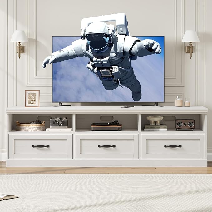 IDEALHOUSE 70in TV Stand for TVs up to 80", Mid Century Modern Entertainment Center with Storage Drawer and Open Shelves, TV Console Media Cabinet for Living Room, Bedroom, Vintage White