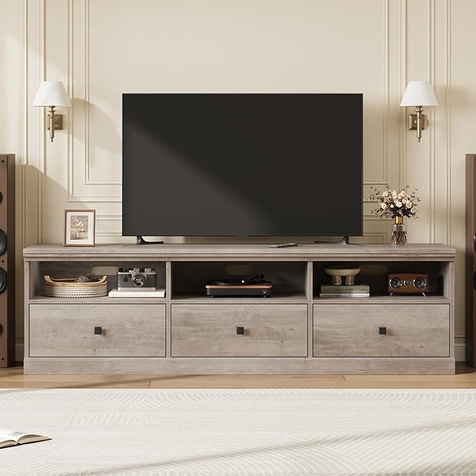 IDEALHOUSE 70in TV Stand for TVs up to 80", Mid Century Modern Entertainment Center with Storage Drawer and Open Shelves, TV Console Media Cabinet for Living Room, Bedroom, Vintage Gray