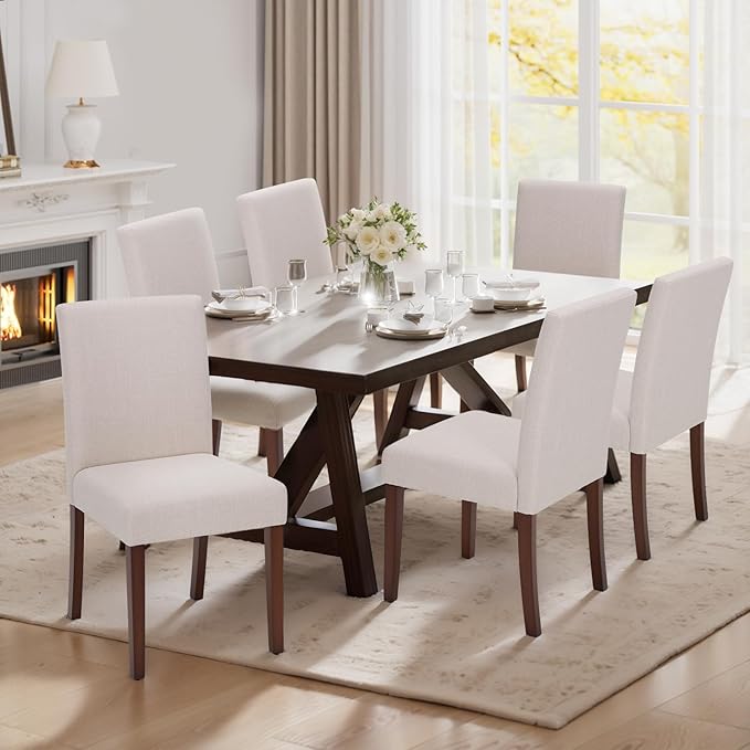 Upholstered Dining Chairs Set of 6, Modern Fabric Dining Room Chair, Wooden Dining Chair, Kitchen Side Chairs, Farmhouse Dinner Chair with High Back for Kitchen, Beige