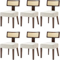 Rattan Dining Chairs Set of 6, Mid-Century Modern Fabric Dining Room Chairs with Brown Hardwood Frame, Upholstered Curved Backrest Kitchen Chair Armless Accent Chairs for Living Room (Cream)