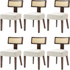 Rattan Dining Chairs Set of 6, Mid-Century Modern Fabric Dining Room Chairs with Brown Hardwood Frame, Upholstered Curved Backrest Kitchen Chair Armless Accent Chairs for Living Room (Cream)