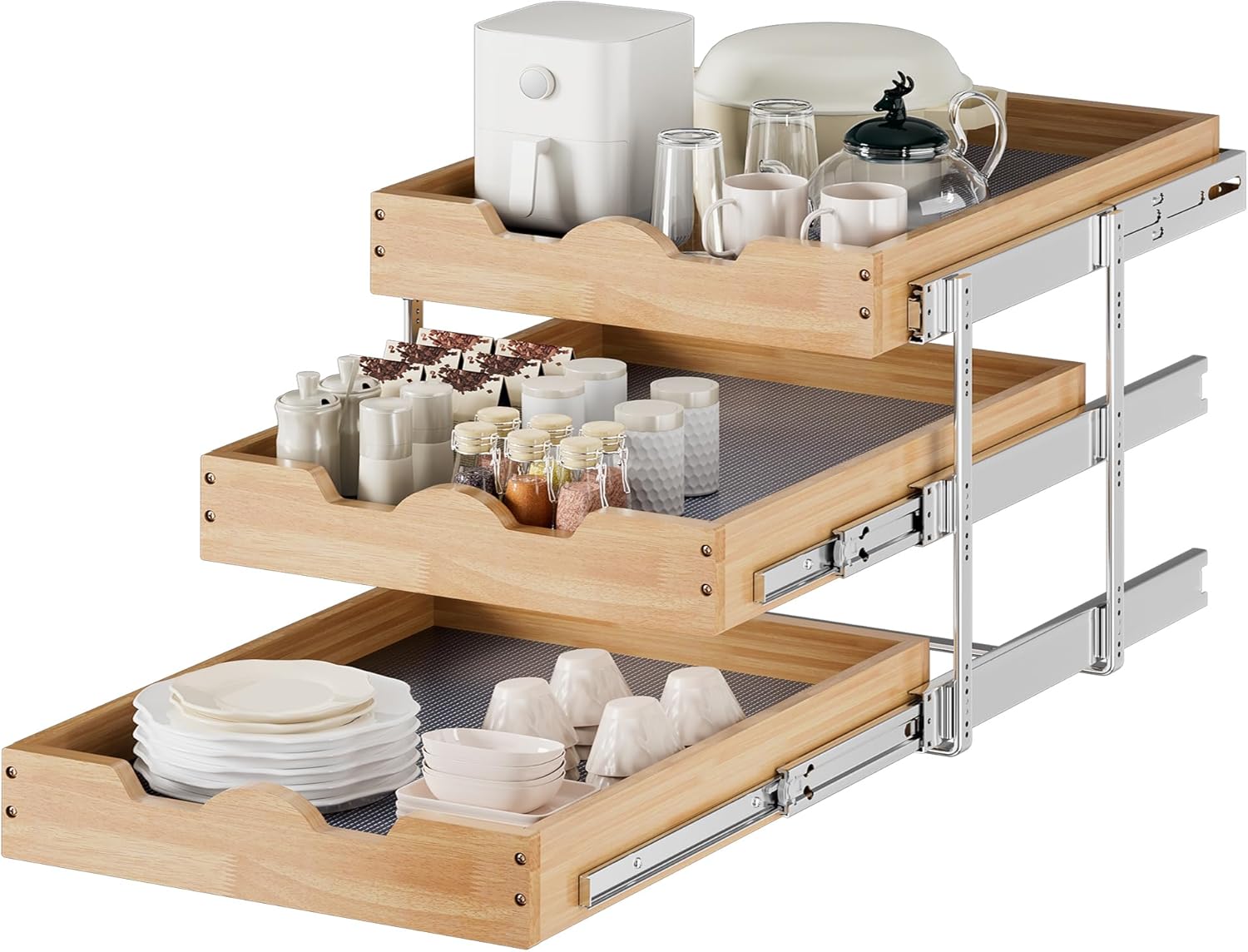 DINDON 3 Tier Pull Out Cabinet Organizer 20”W X21”D Slide Out Shelves With Shelf Liner for Kitchen Wood Roll Out Drawers Pantry Organization
