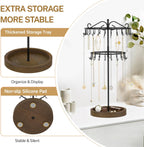 iDavosic.ly 2 Tier Rotating Necklace Holder Organizer with Wooden Jewelry Tray, Adjustable Metal Bracelet Display Stand with 42 Hooks, Extra Tall Keychain Spinning Tree Tower for Women, Black