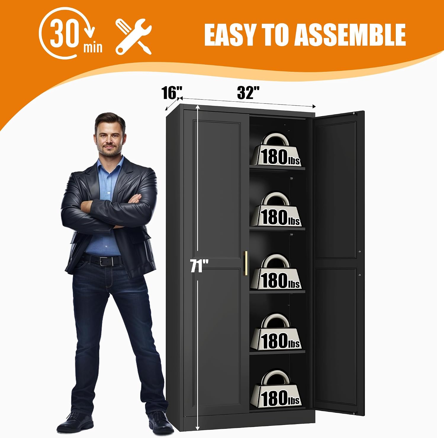 71" Tall Kitchen Storage Cabinet with Gold Handles, Metal Pantry Cabinets with 2 Doors, Food Pantry, Adjustable Shelves, Black Freestanding Pantry Cupboard for Dining, Kitchen, Living Room