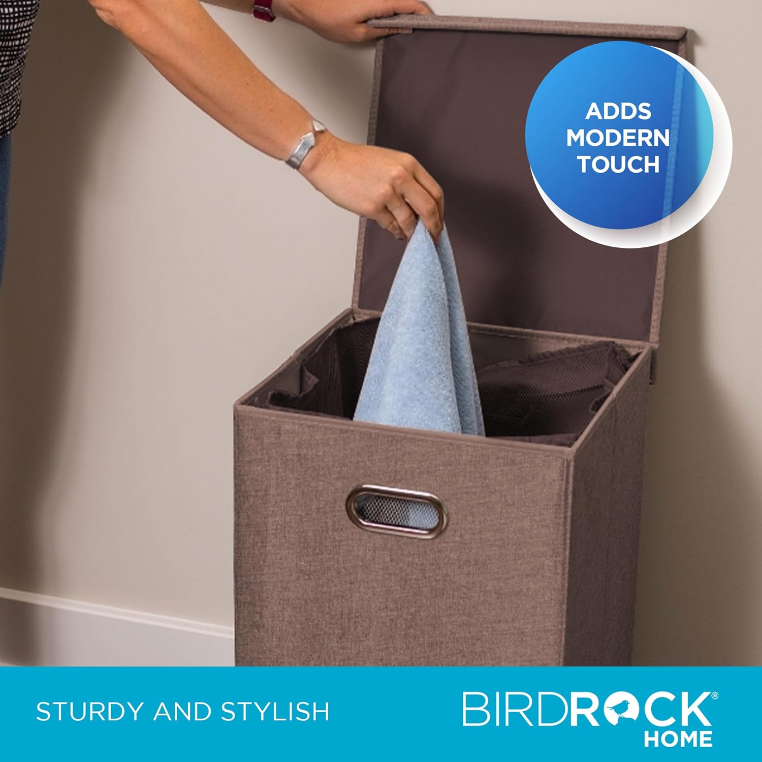 BIRDROCK HOME Single Laundry Hamper with Lid and Removable Liner | Linen | Easily Transport Laundry | Foldable Hamper | Cut Out Handles