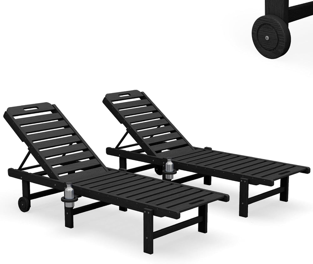 SERWALL HDPE Outdoor Chaise Lounge Set of 2 with Cup Holder & Wheels, Bla...