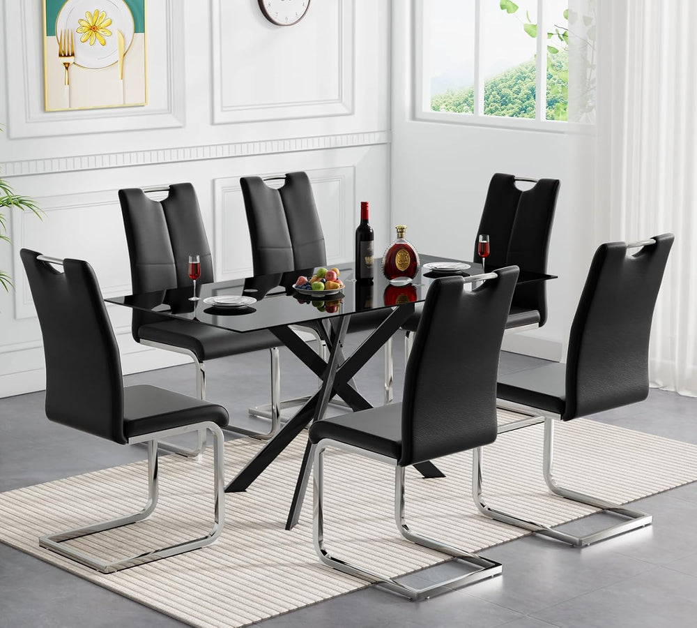 Modern Black Glass Dining Table Set for 6, Glass Kitchen Table and Chairs Set...