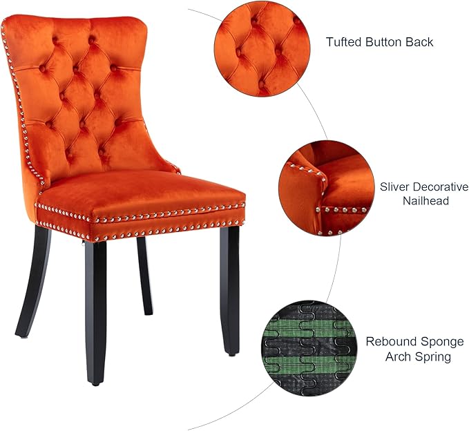 Velvet Kitchen Chairs Set of 6, Tufted Upholstered Dining Room Chairs with Back Ring Pull, Nailhead Trim and Solid Wood Legs, Modern Dining Chairs for Dining Room, Kitchen,Orange