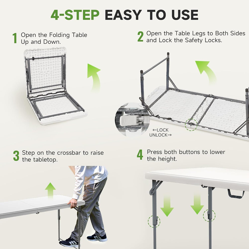 Folding Table 4 Foot - 2-Position Adjustable Height, Heavy Duty 400 lbs Capac...