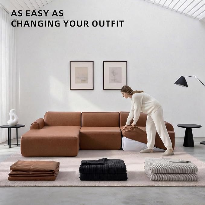 105” Modular Faux Leather Cloud Couch, Deep Seat L-Shaped Sectional with Removable Wipe-Clean Covers and Replaceable Cover Design for Living Room (Orange, 3 Seater+Left Facing Chaise)