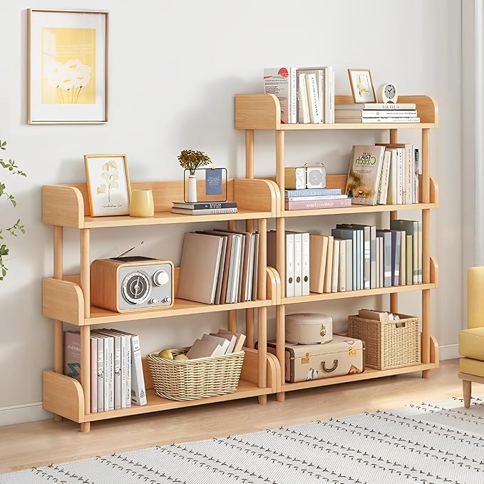 3-Tier Wooden Open Bookcase - Modern Display Bookshelf with Top Edge and Soli...