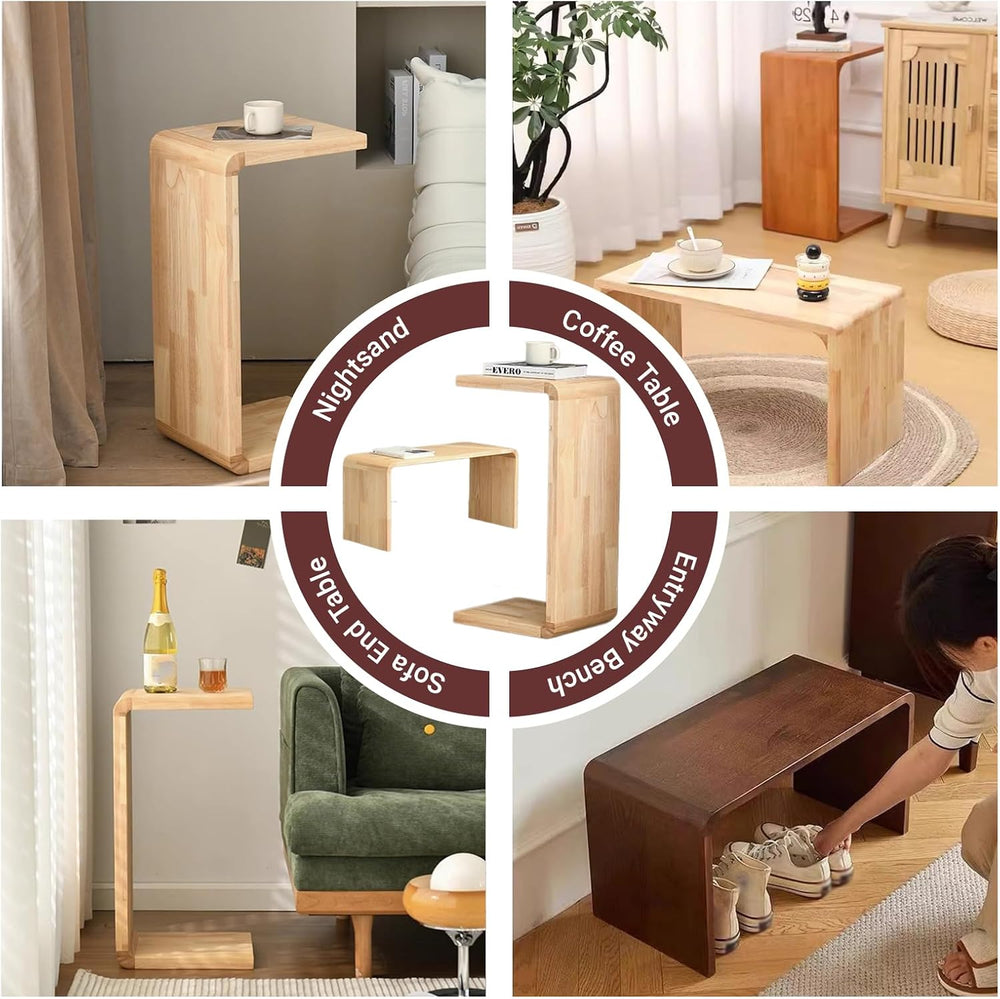 C-Shaped End Table Solid Wood Sofa Side Table for Living Room,Small,Modern,Be...