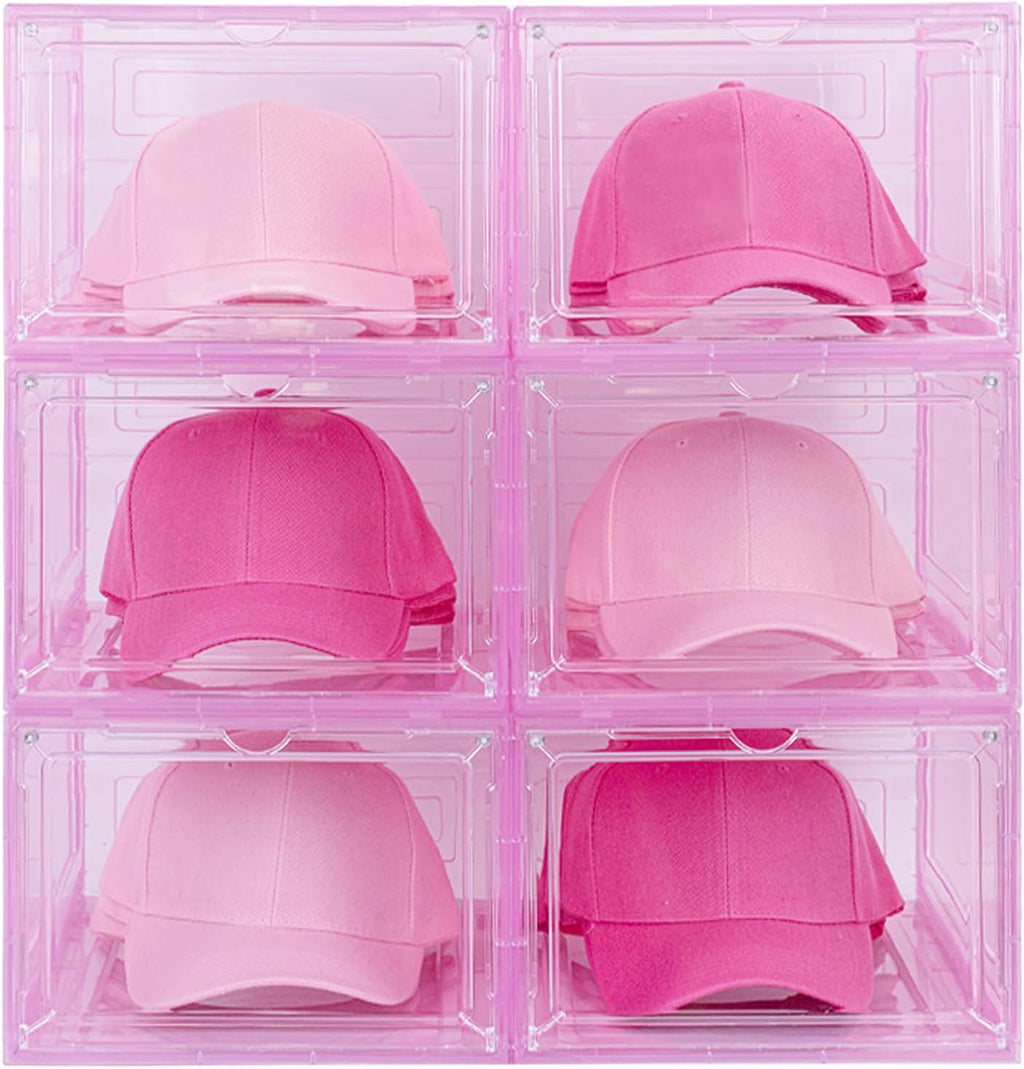 6 Pack Hat Organizer Box, Stackable Clear Baseball Caps Holder Box Containers with Magnetic Door for Hats Snapback Cap Storag, Hat Rack Display Case, Holds 8 Hats Each (Pink)
