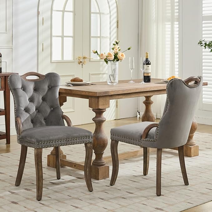Grey Velvet Dining Chairs Set of 2，Modern Upholstered Dining Room Chairs with...