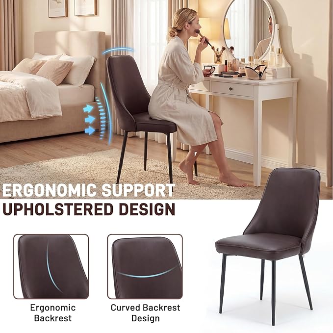 Modern Dining Chairs Set of 2, Faux Leather Upholstered Dining Room Chair Kitchen Chairs Dinner Side Chair with Curved Back and Metal Legs for Kitchen, Dining Room, Living Room, Brown
