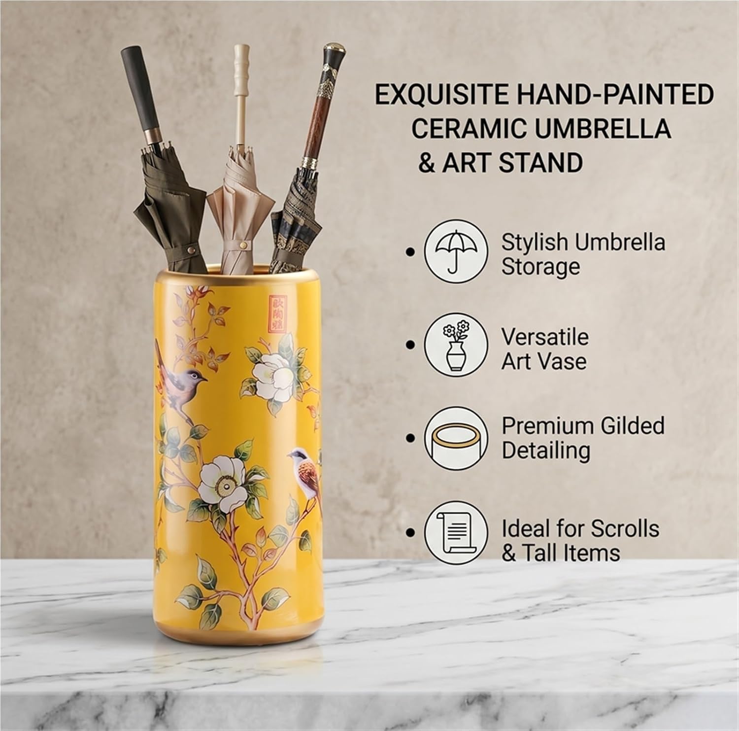 Hand Painted Ceramic Umbrella Stand Floor Vase, Large Tall Indoor Umbrella Holder For Entryway, Decorative Flower Vase For Bamboo Plants Home Decor(A)
