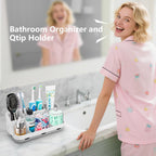 Bathroom Toothbrush Holder Set with 2 Pack Qtip Holder Dispenser - Detachable 7 Slots Bathroom Accessory Set, Kids Marble Bathroom Sink Counter Set, Bathroom Essentials Decor, Grey