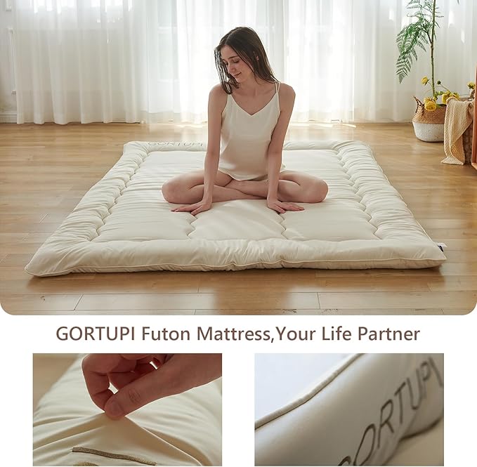 Twin Size Japanese Futon Mattress Foldable Topper Mattress for Floor Tatami Floor Mat Portable Roll-Up Bed for Guest Play mat for Kids Sleeping Pad Beige B