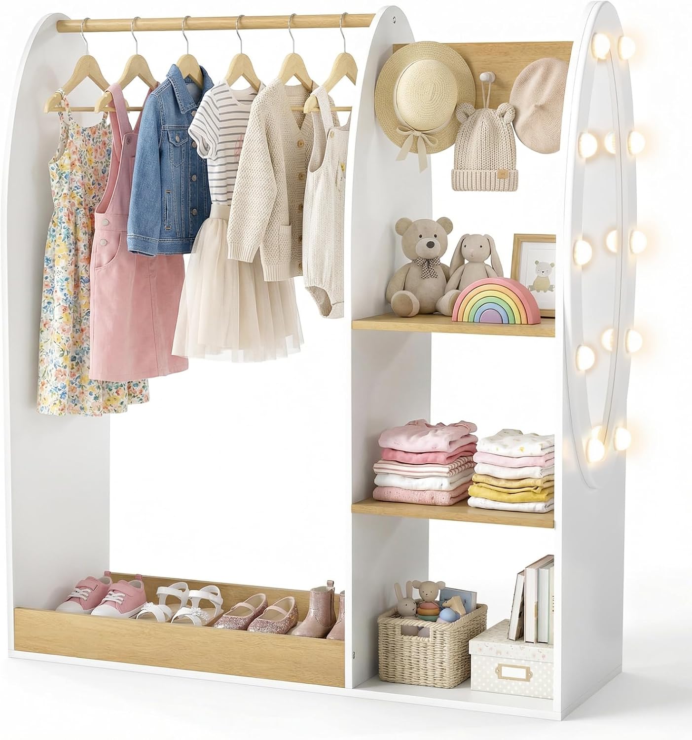 Olakids Kids Dress Up Storage with Mirror, Wooden Costume Wardrobe Closet with LED Lights Rack Storage Shelves 3 Hooks for Bedroom (Natural)