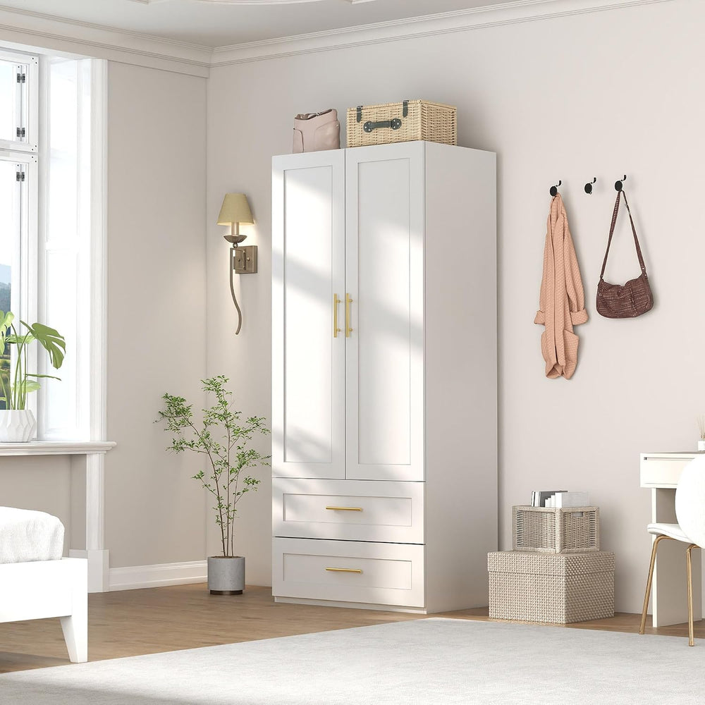 White Wardrobe with 2 Doors: 75" Tall Armoire Wardrobe Closet with 2 Dra...