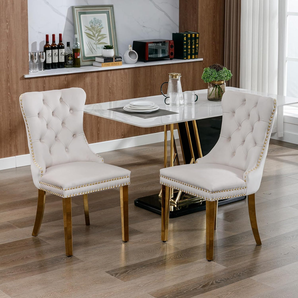 Mid Century Modern Dining Chairs Set of 4, Beige Velvet Upholstered Tufted Ba...