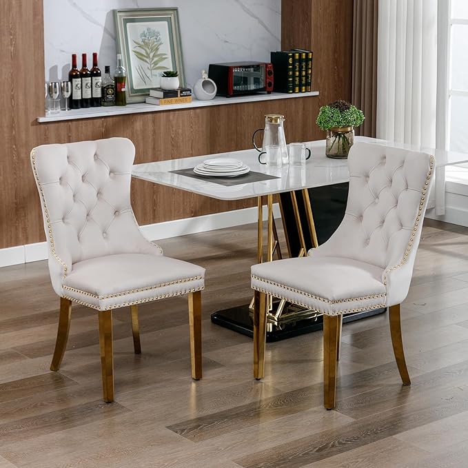Mid Century Modern Dining Chairs Set of 2, Beige Velvet Upholstered Tufted Back, Kitchen & Dining Room Chairs, Gold Metal Legs, Nailhead Trim, Sillas para Comedor (Beige, 2 Pcs)