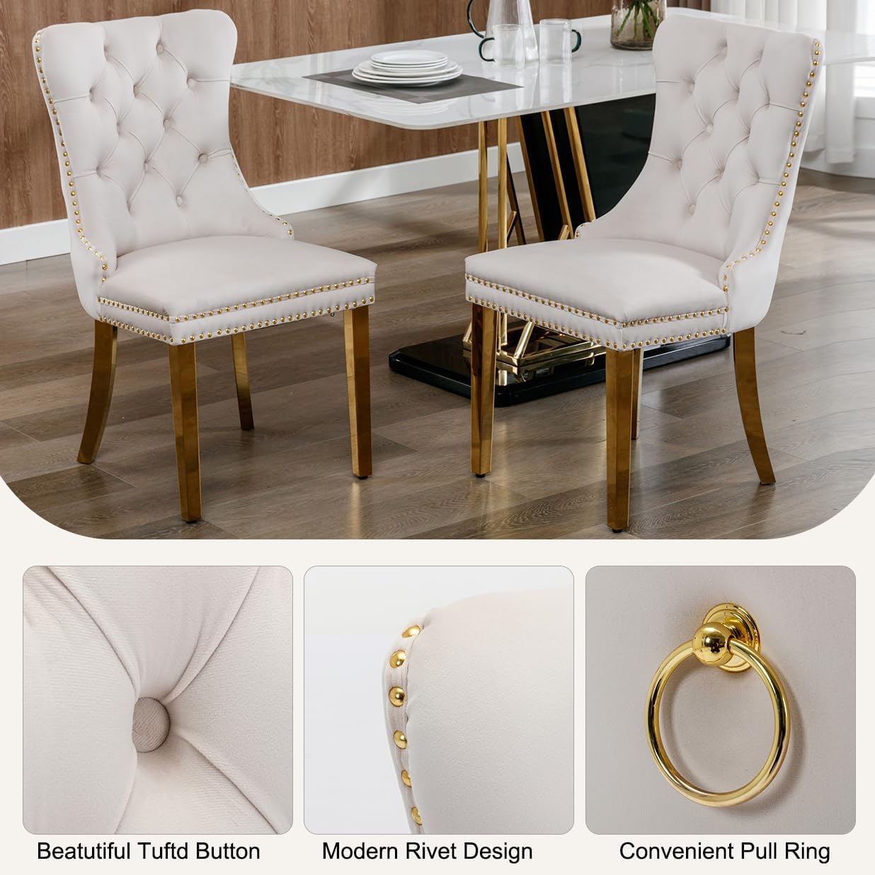SSLine 7-Piece Round Glass Dining Table Set for 6, Modern Glass Kitchen Table and Chair Set for 6, 47.2" Circle Dining Room Table with 6 Beige Tufted Chairs for Kitchen Home Office