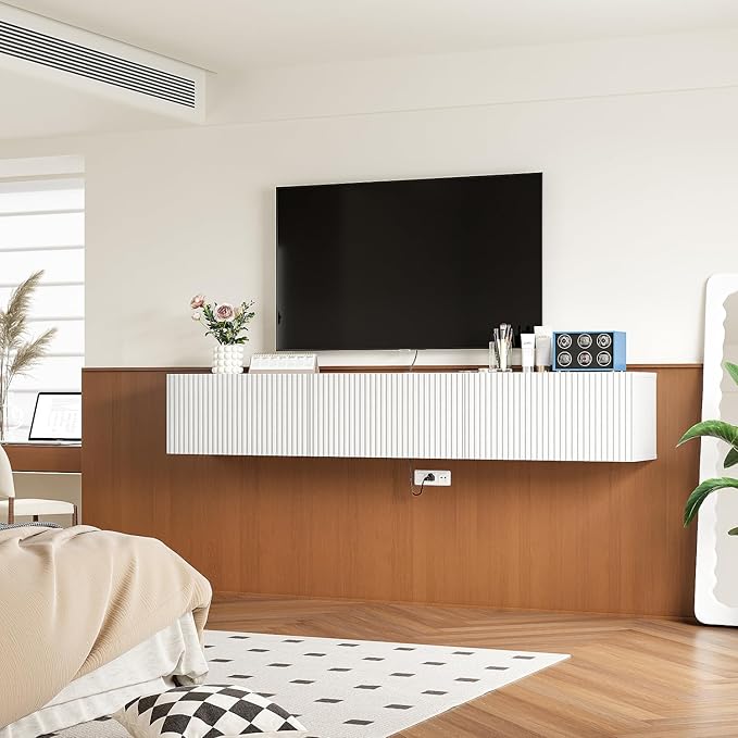 Floating TV Stand with 3 Doors, 63IN Wall Mounted TV Cabinet, Floating Media Console Entertainment Center with Storage, Under TV Shelf for Bedroom Living Room,White