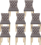 Velvet Upholstered Dining Chairs Set of 8, Modern Style Kitchen Side Chairs with Nailhead Trim and Gold Plated Leg, Metal Pulling Ring for Dining Room Living Room(Grey)