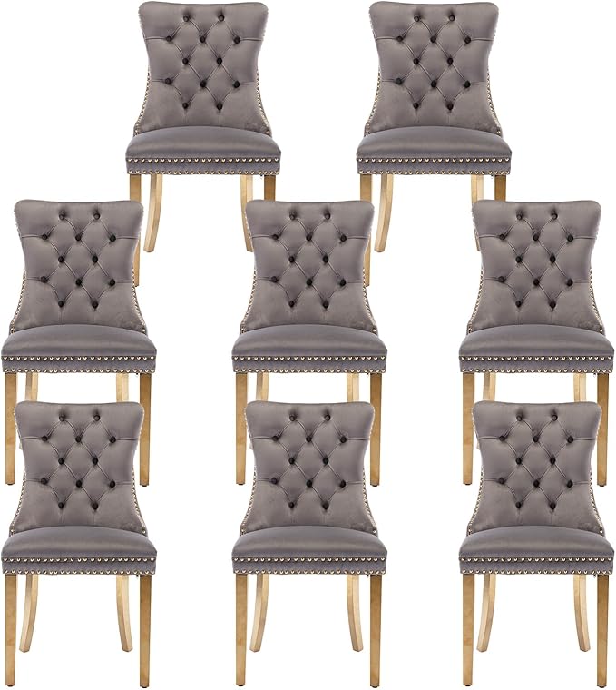 Velvet Upholstered Dining Chairs Set of 8, Modern Style Kitchen Side Chairs with Nailhead Trim and Gold Plated Leg, Metal Pulling Ring for Dining Room Living Room(Grey)