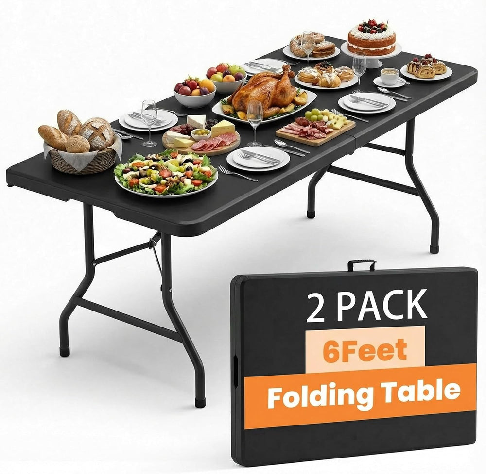 2 Pack Folding Table 6FT Heavy Duty Plastic Utility Table with Carrying Handl...