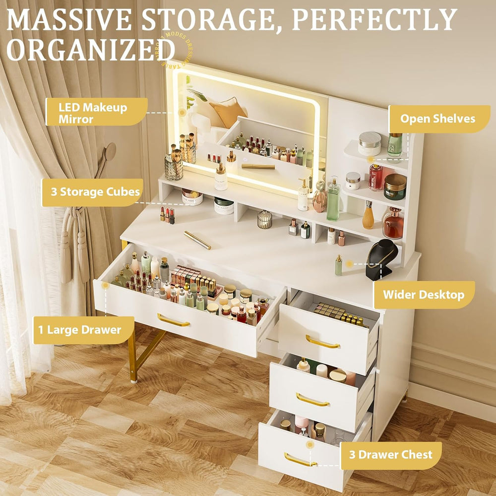 COMHOMA Vanity Desk with Mirror and Lights, Makeup Vanity Table with 4 Drawer...