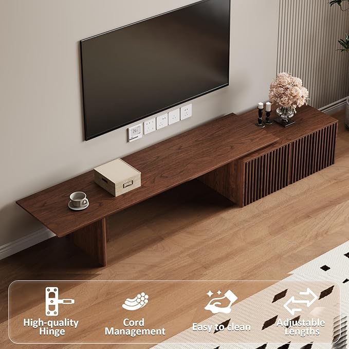 XEW Extendable TV Stand with Storage and Shelves, Wood Entertainment Center for 55+ Inch TV, Modern TV Console, Minimalist Media Console for Living Room, Bedroom-Walnut (Extendable: 78.7"-110")