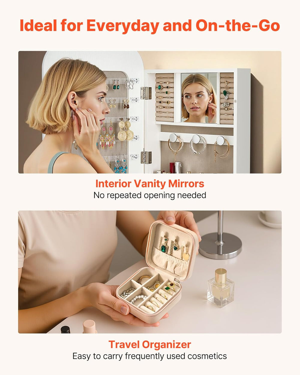 VEVOR Mirror Jewelry Cabinet, 42.5-inch Tall, Full-Length Mirror with Storage...