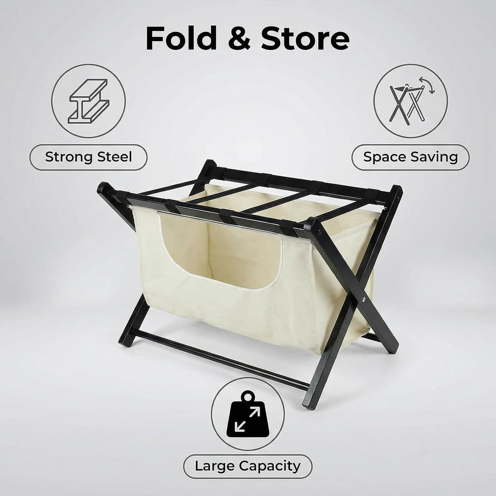 Bluecat Folding Luggage Rack 4 Pack with Detachable 43L Laundry Bag, 150Lbs Solid Wood Suitcase Stand, Space-Saving Luggage Holder for Guest Room Hotel Bedroom Entryway, Black