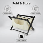 Bluecat Folding Luggage Rack 4 Pack with Detachable 43L Laundry Bag, 150Lbs Solid Wood Suitcase Stand, Space-Saving Luggage Holder for Guest Room Hotel Bedroom Entryway, Black