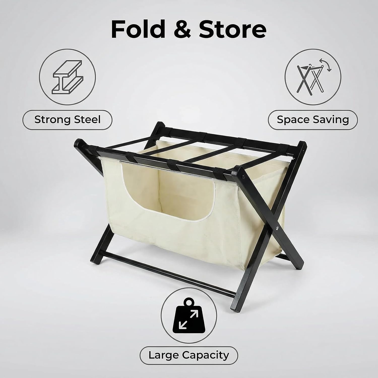 Bluecat Folding Luggage Rack 4 Pack with Detachable 43L Laundry Bag, 150Lbs Solid Wood Suitcase Stand, Space-Saving Luggage Holder for Guest Room Hotel Bedroom Entryway, Black