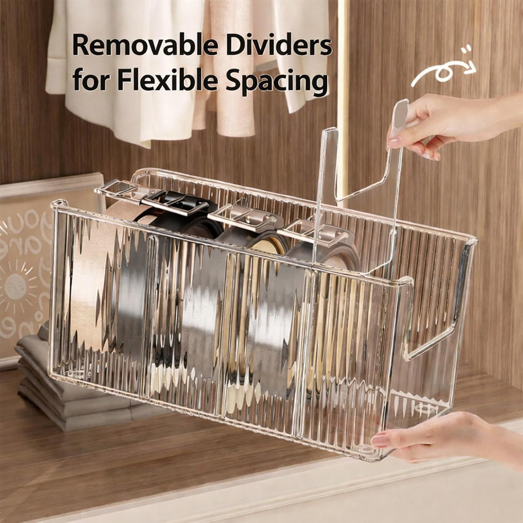 Drawer Belt Organizer for Men –Semi-clear Belt Storage Box for Dress & Leather Belts, Closet Drawer Organization, Holds Up to 10 Belts