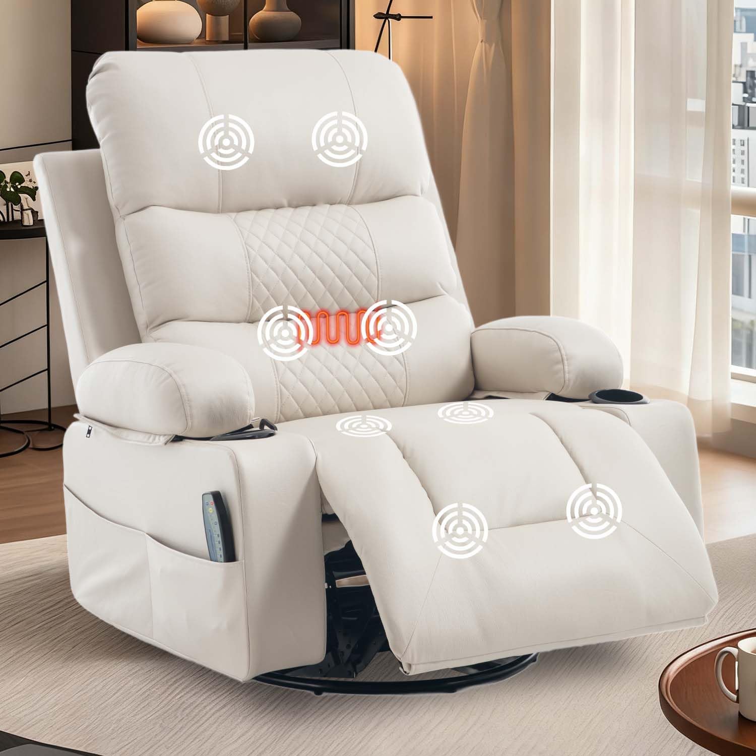 KCQ Power Swivel Rocker Recliner with Massage and Heat USB Port, Overstuffed Faux Leather Electric Rocking Recliner Chair Swivel Glider Chairs for Nursery, Cream Beige