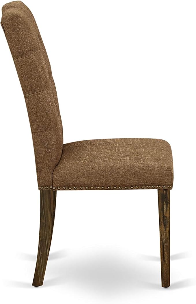 East West Furniture F2EL7-718 7 Piece Dining Table Set Consist of a Round Kitchen Table with Pedestal and 6 Brown Linen Linen Fabric Parson Dining Room Chairs, 48x48 Inch, Distressed Jacobean