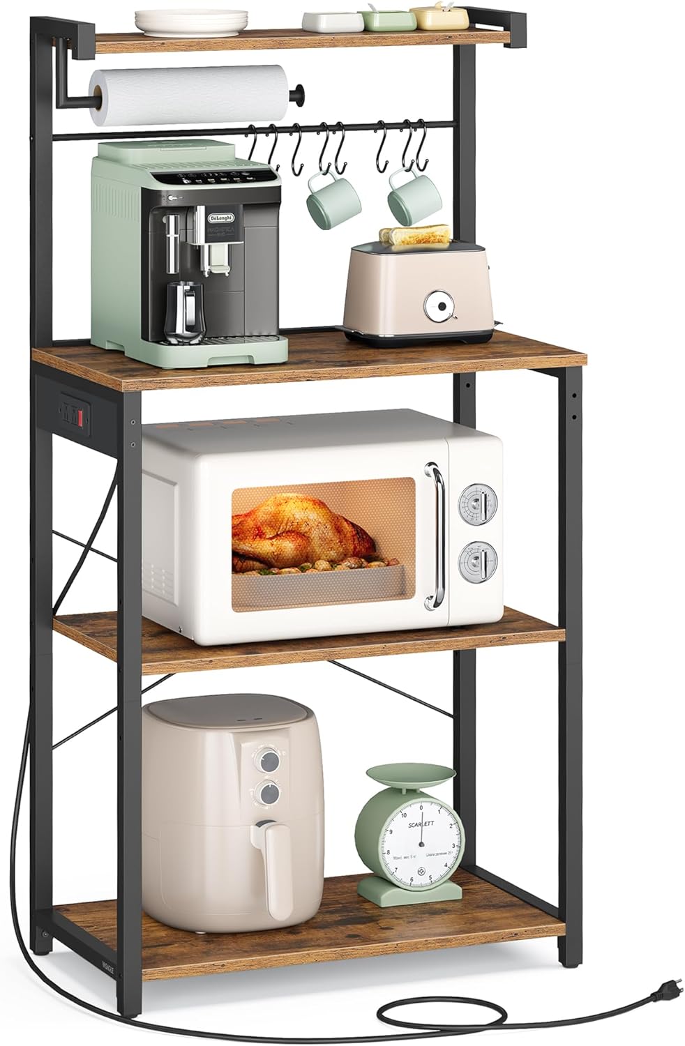 VASAGLE BARNET Collection - Kitchen Bakers Rack with Power Outlet, 23.6-Inch Wide Coffee Bar 4-Tier with 8 S Hooks, Modern Microwave Stand, Adjustable Shelf, Rustic Brown and Ink Black UKKS014K01V1