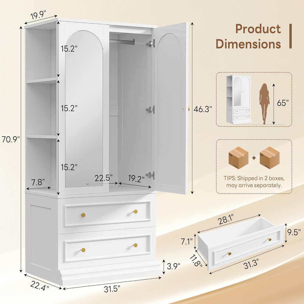 LIKIMIO Armoire Wardrobe Closet with Full Length Mirror, 3 Open Shelves | 71&...