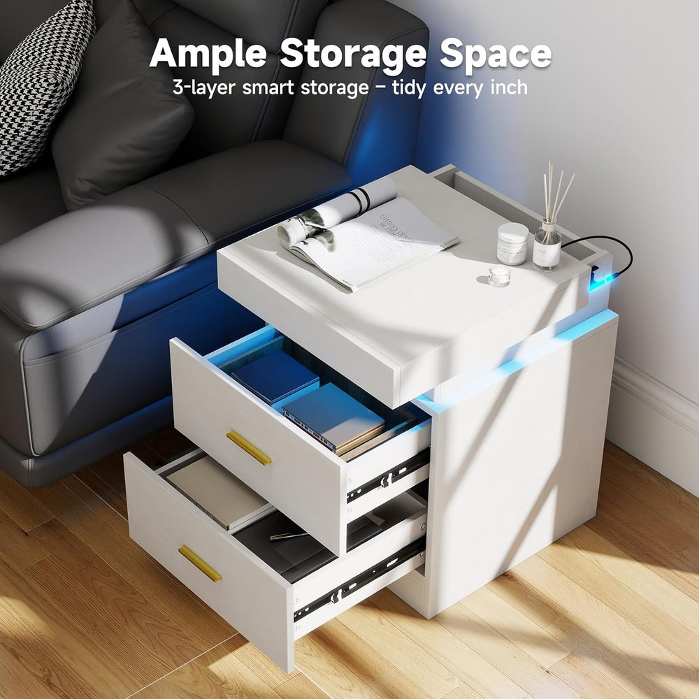 Night Stand Set of 2, 18'' LED Nightstand with Charging Station, Mode...