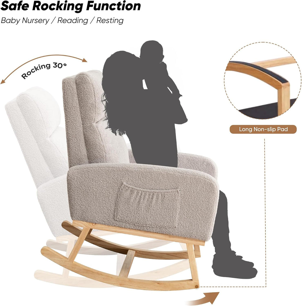 Rocking Chair Nursery, Rocker Nursing Chairs for Breastfeeding with Wood Legs and Side Pocket, Comfortable Glider Roking Chair for Nursery, Living Room, Bedroom,Teddy Light Grey